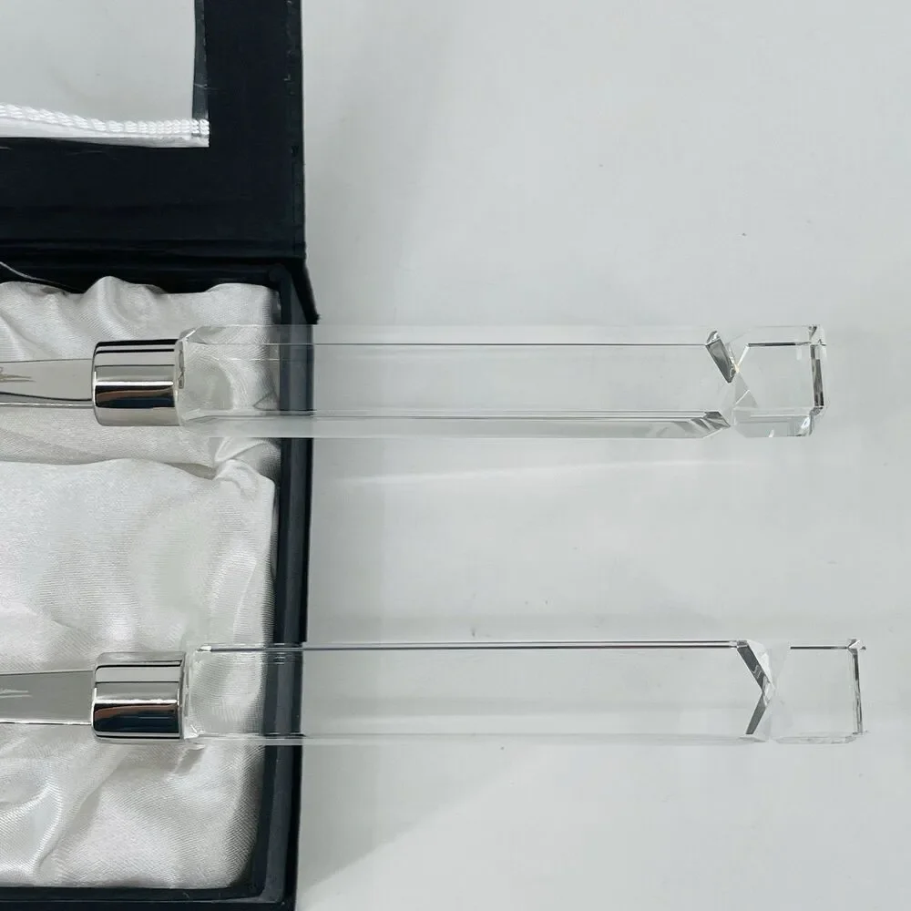 Oleg Cassini Stainless Salad Server Set Crystal Square Handles Satin Lined Box
